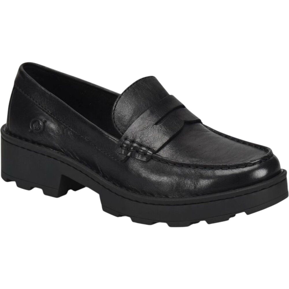 BORN Carrera BR0041706 Women's Slip-On Penny Loafer Black Leather Lug Sole Sz 10
